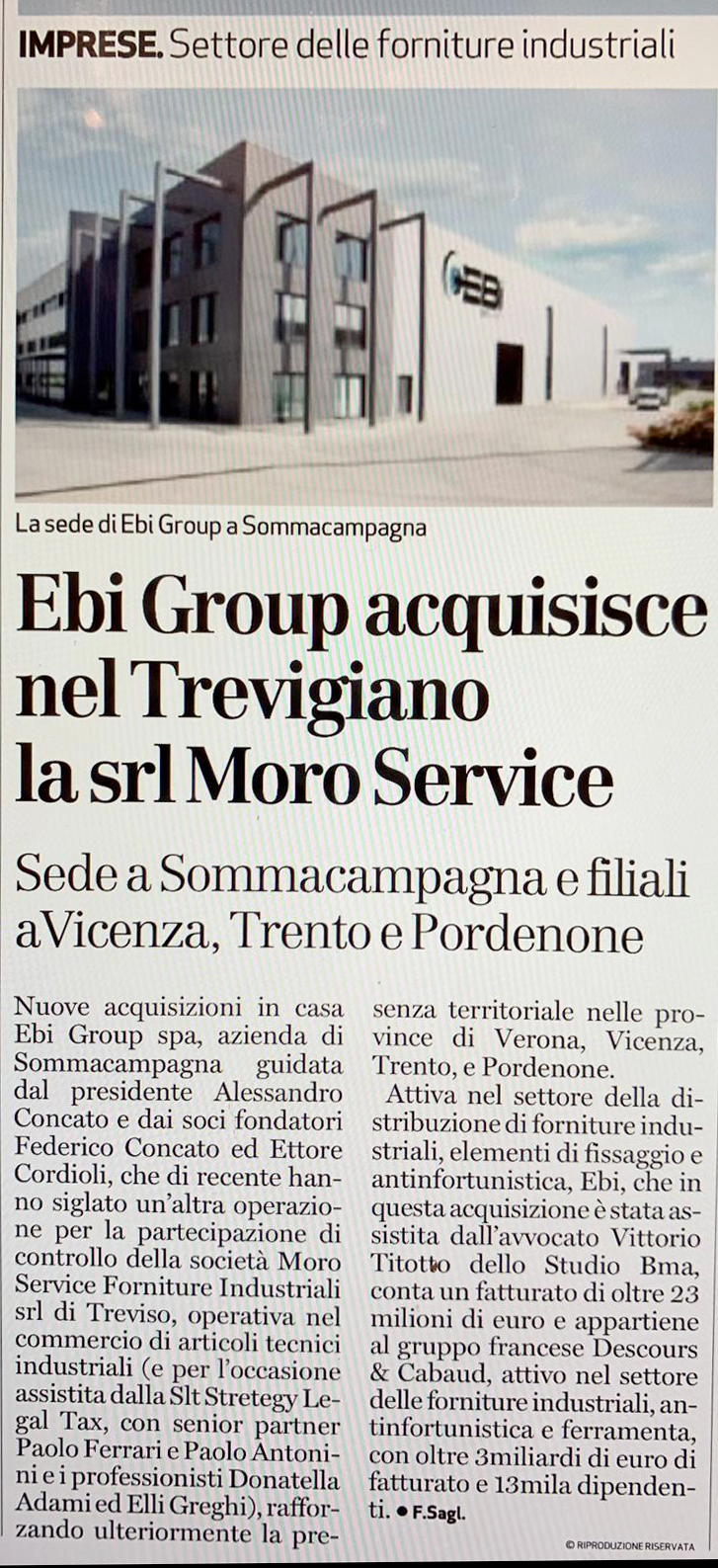 Articolo L'Arena cessione Morso service a Ebi Group